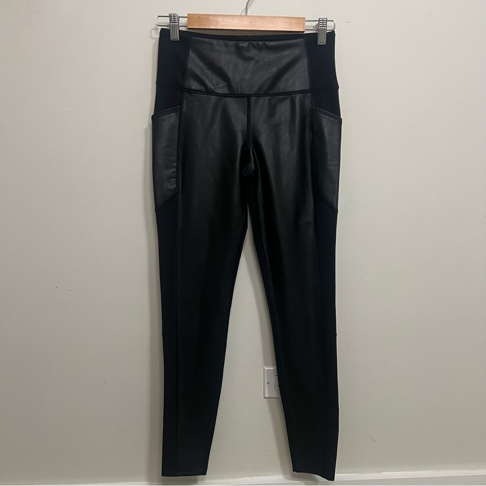 Athleta Black Faux Leather High-Rise Leggings with Pockets Workout Yoga Career